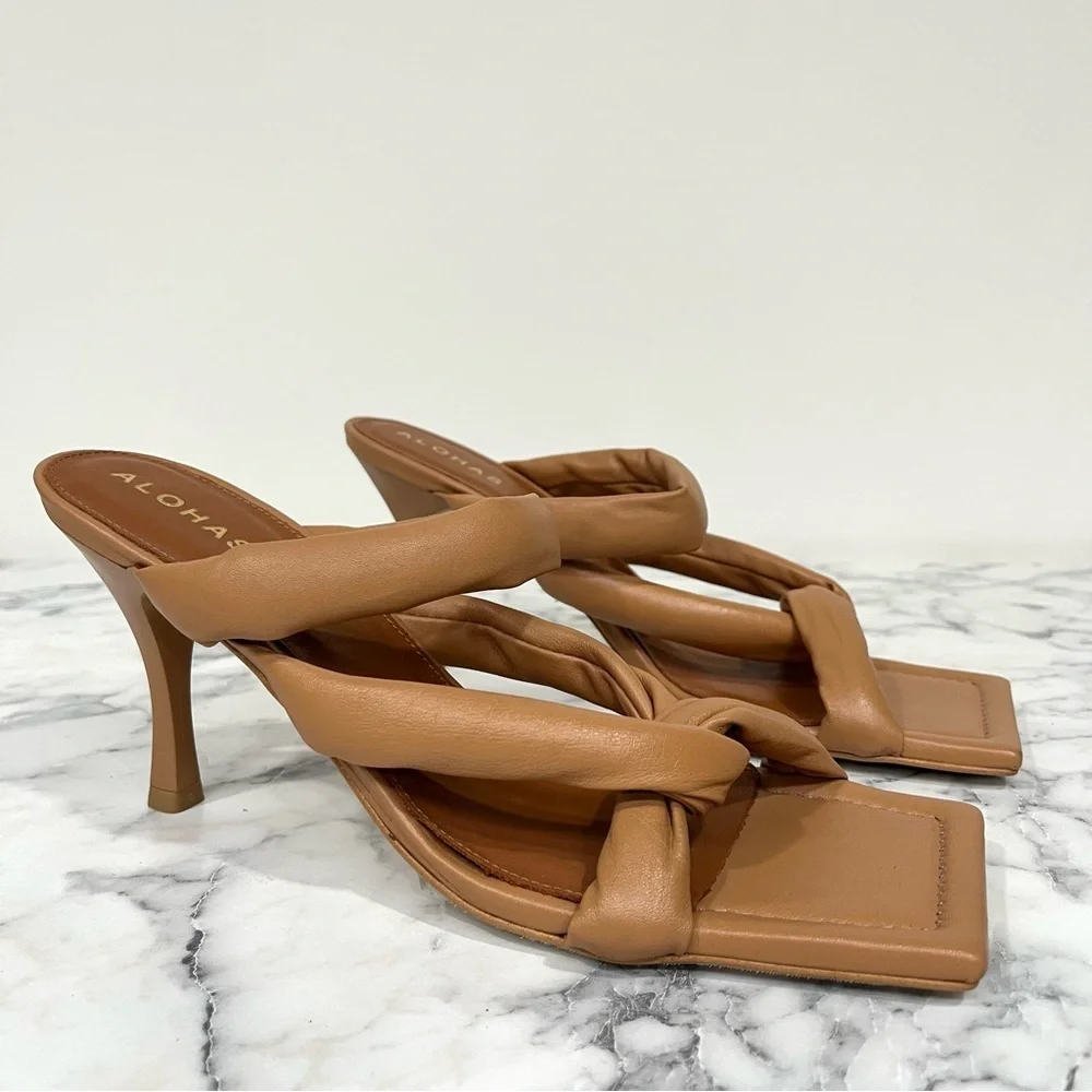 ALOHAS Amaretto mules twist strap leather heels sandals in camel brown size 10